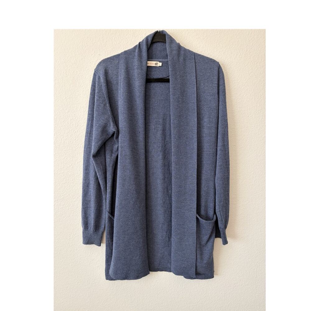 Jackpot Blue Wool Knit Open Front Cardigan Sweater Pockets Lightweight L